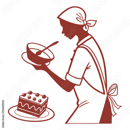 Illustration of a woman in chef attire holding a bowl with spoon and a cake on a plate in brown color
