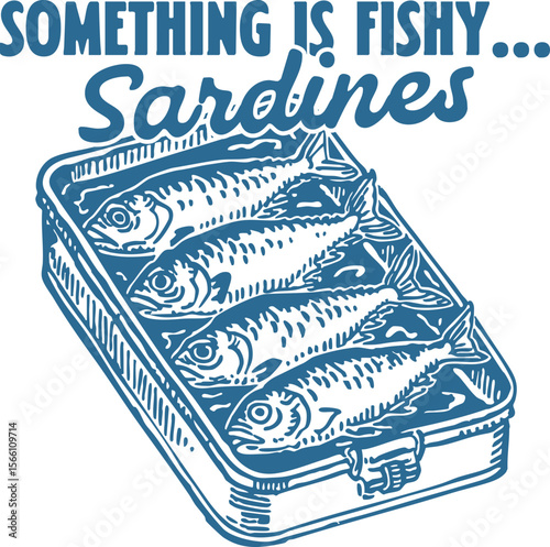 Something is Fishy – Sardines – Four sardines in a tin can, playful seafood pun illustration perfect for fish lovers and vintage coastal humor