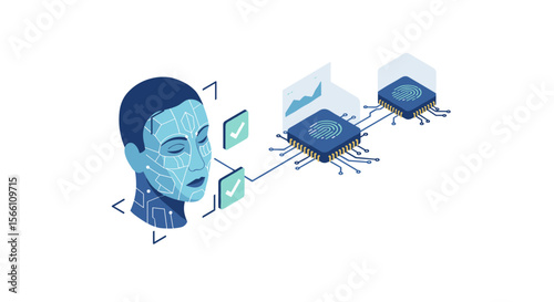 Isometric cybersecurity vector illustration for technology and biometrics design