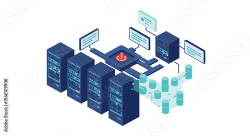 Server room technology isometric vector illustration for digital design and tech posters