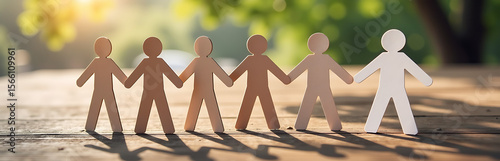 paper figures representing team members come together wooden surface form complete concept