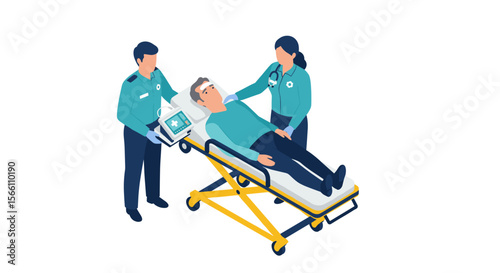 Medical emergency care vector illustration - paramedics assisting patient on stretcher for health posters