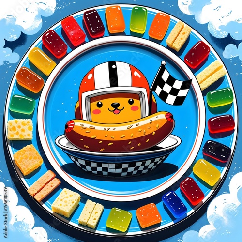 A whimsical anime-inspired snack plate with a racing hot dog and colorful jelly treats.