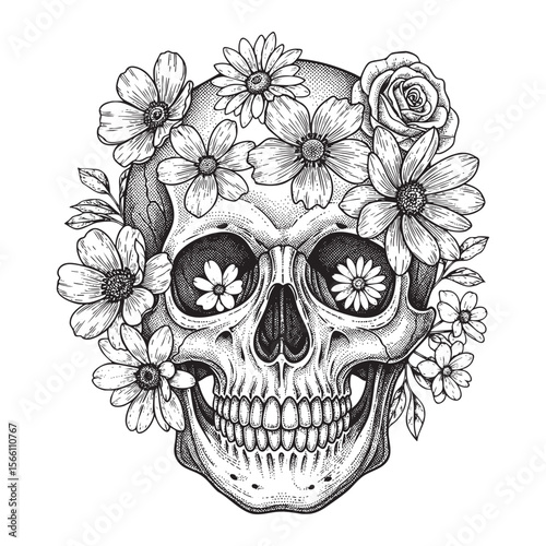 Floral Skull Vector Engraving Illustration