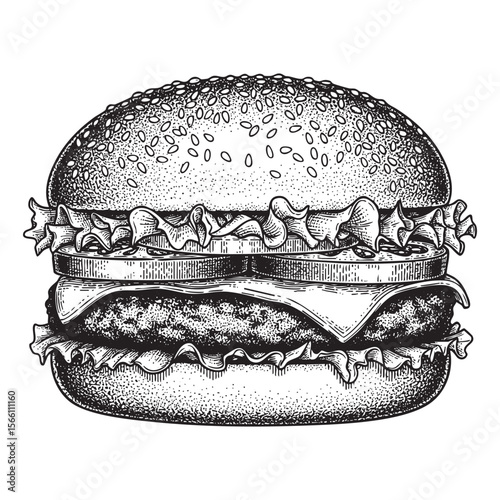 Classic Cheeseburger Vector Engraving Illustration