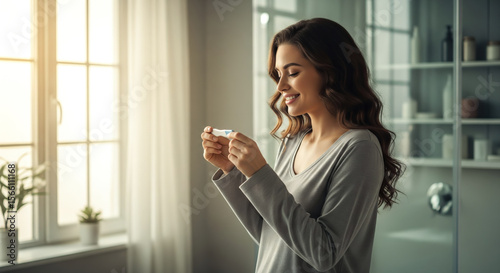 A pregnant woman holding a pregnancy test with a joyful expression. The concept of early motherhood  new beginnings  and the emotional moment of discovering pregnancy. Generative AI.