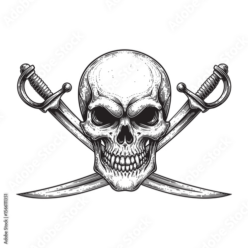 Pirate Skull and Crossed Swords Vector Engraving Illustration