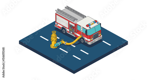 Isometric firetruck and hydrant vector illustration for safety design