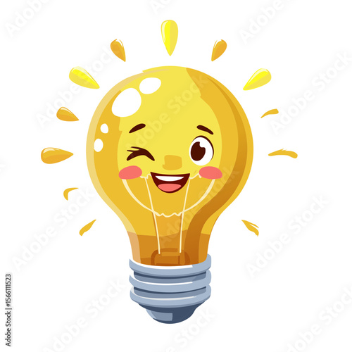 Cheerful Cartoon Light Bulb Character Winking With Bright Creative Energy