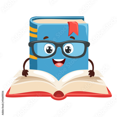 Smart Cartoon Book Character With Glasses Reading An Open Book Happily