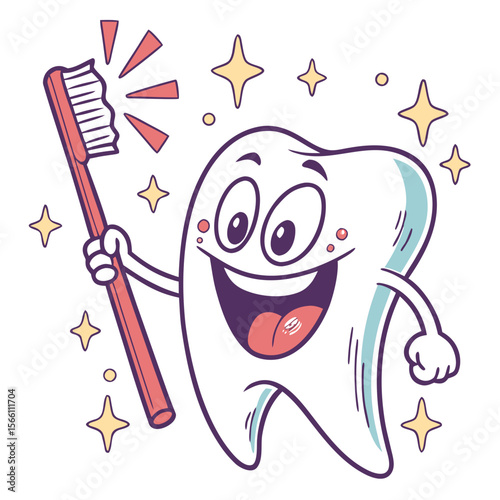 Happy Cartoon Tooth Holding a Toothbrush Surrounded by Sparkles and Smiling Brightly