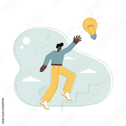 Search for an idea. Pursuit of a dream. Moving up the career ladder. A man walks up the stairs and reaches out to a light bulb, an idea.eps