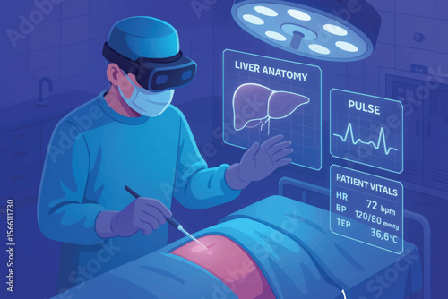 Vector concept showing augmented reality used by a surgeon to monitor liver and vital signs during surgery in a modern operating room.