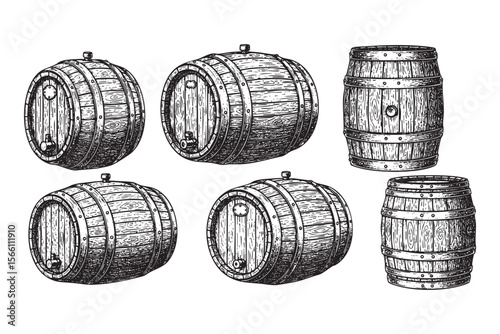 Wooden Barrels Vector Engraving Set