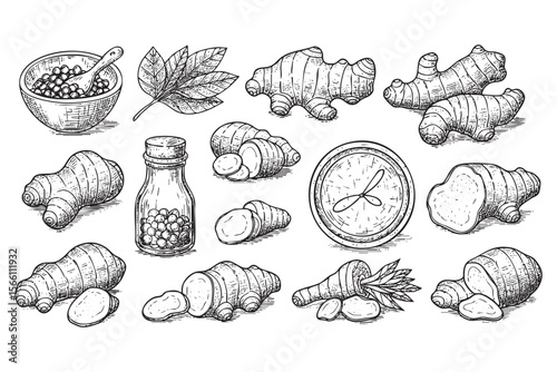 Various Ginger Root and Tea Vector Engraving Set


