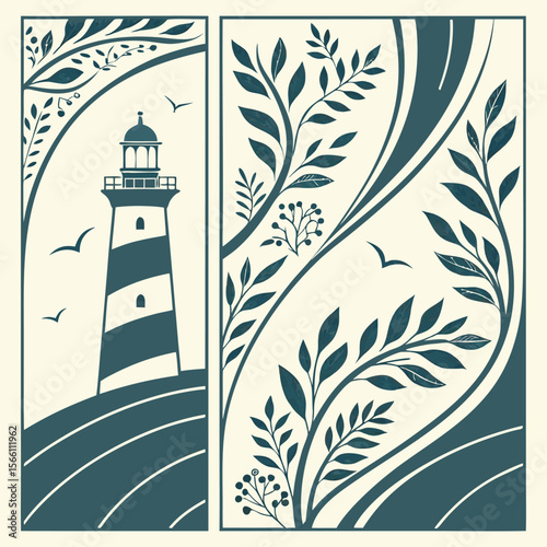 Illustration of a lighthouse with birds and foliage in a decorative frame on a light beige background