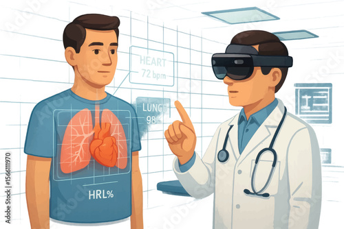 Vector scene of doctor using augmented reality glasses to monitor patient's lung and heart activity through a smart interface.