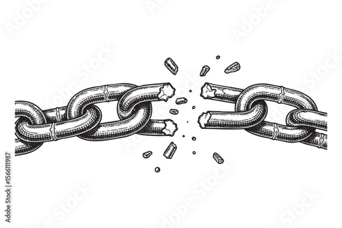 Broken Chain Links Vector Engraving Illustration