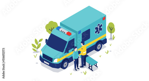 Medical assistance moment vector illustration in isometric style for emergency services design