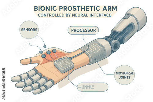 Vector illustration of a bionic prosthetic arm with visible sensors and mechanical joints, showcasing neural interface and embedded processor technology.