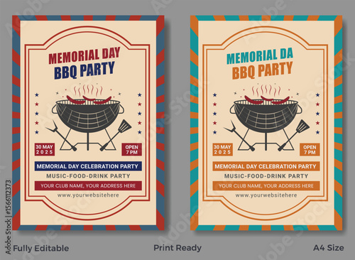 Vintage barbecue event poster set with bold typography, grilled meat illustrations, and retro color palette.
