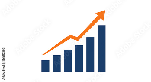 Growing bar graph with an upward arrow signifying success and progress, ideal for illustrating business growth