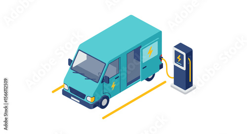 Isometric electric van charging vector illustration for sustainable transport design