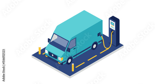 Electric van charging scene vector illustration: sustainable transport concept for design projects in isometric style