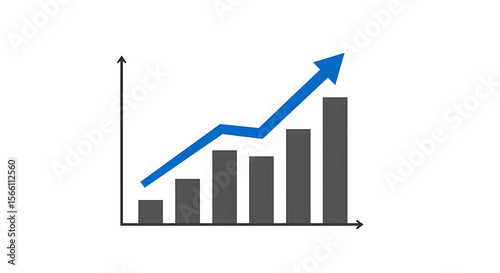 Illustration of a grey bar graph depicting an increase with a blue arrow indicating growth and progress on a transparent background