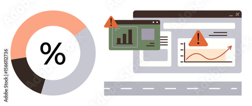 Pie chart and warning signs highlighting analytics issues, performance errors in dashboards and growth charts. Ideal for risk management, data, alerts, analytics, finance, monitoring forecast. A