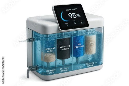 A 3D vector illustration of a smart water purifier showing sediment, carbon, ion exchange, and fine filtration stages with digital display.