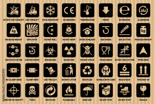 Cardboard packaging icon set vector. Fragile, handle with care, keep dry, do not use forklift, food grade, do not step, stack, roll, ce making, this way up sign icons. Hazard signs. Package sign.