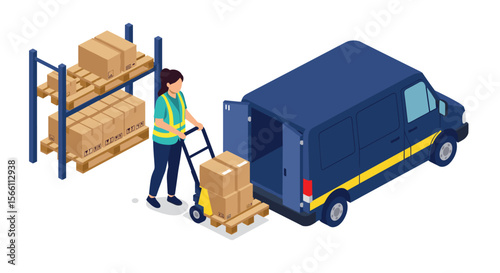 Isometric vector illustration of warehouse logistics with delivery person loading van – design for print