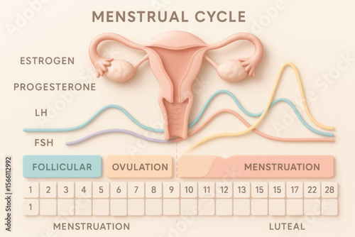 3D vector calendar infographic showing female menstrual cycle phases, hormone fluctuations and ovulation timing with uterus illustration.
