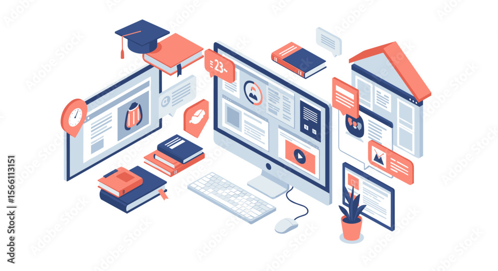Fototapeta premium Isometric vector illustration of online education concept for digital learning design