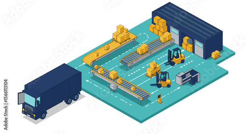 Industrial warehouse operations vector illustration in isometric style for logistics design