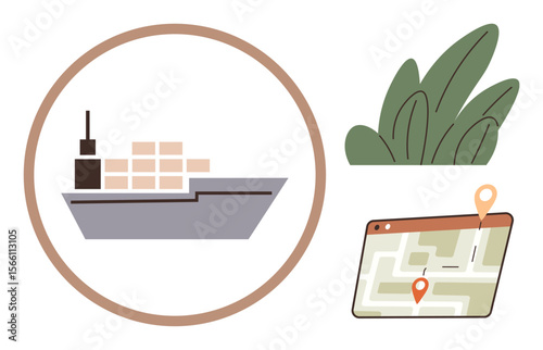 Cargo ship carrying containers, navigation map with location pins, and abstract foliage. Ideal for shipping, logistics, trade, transportation, supply chain, navigation ecological transport concepts