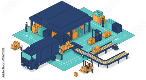 Warehouse logistics vector illustration: efficient shipping and delivery process in isometric flat design