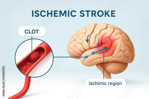 3D vector medical illustration showing ischemic stroke with brain section, blood clot and arrows indicating blocked blood flow to affected regions.