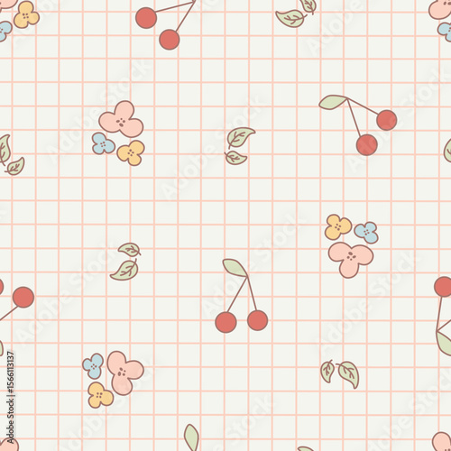 Cute red cherry, flower and leaves on the tartan seamless pattern. Doodle fruit and floral on checked vector for wallpaper, textile, fashion, background, stationery, wrapping, card, and phone cases.