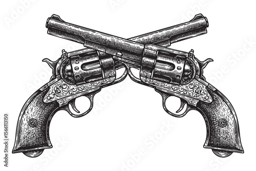  Crossed Vintage Revolvers Vector Engraving Illustration

