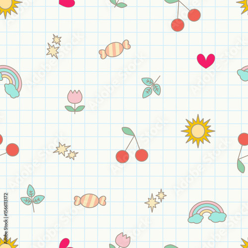 Seamless pattern for seasonal summer featuring flowers, cherries, rainbow, heart, candy and sun designed in a playful vector style. Ideal for wallpaper, wrapping paper, fabric prints, and holiday-them