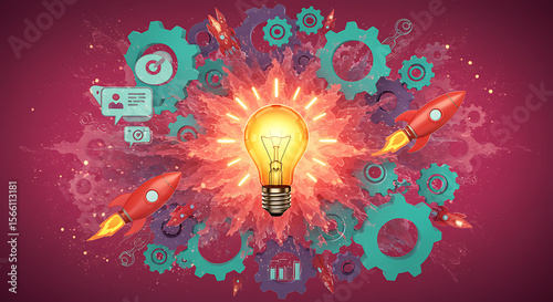 Innovation Ignition A Symphony of Gears Rockets and Ideas Converging Around a Central Lightbulb of Inspiration and Transformation