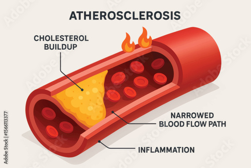 A 3D vector illustration of atherosclerosis with clogged artery showing cholesterol buildup, inflammation, and narrowed blood flow inside vessel.