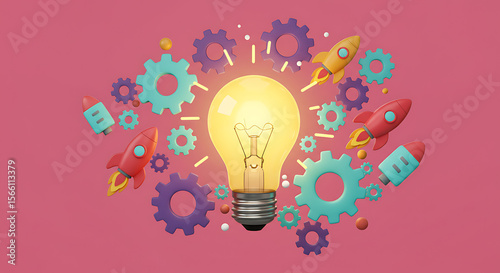 Creative Idea Generation Featuring Light Bulb, Rockets, and Gears in a Vibrant Pink Setting Symbolizing Innovation and Progress