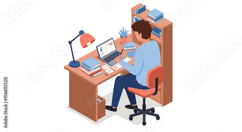 Home office workspace design for productivity and organization in isometric vector illustration style