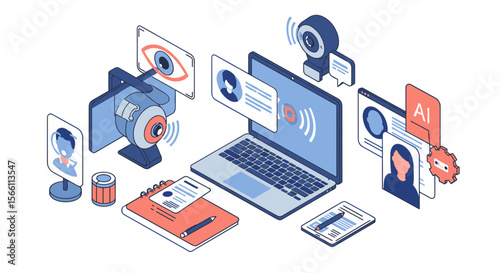 Online meeting concept vector illustration for digital communication and telecommuting designs in isometric style