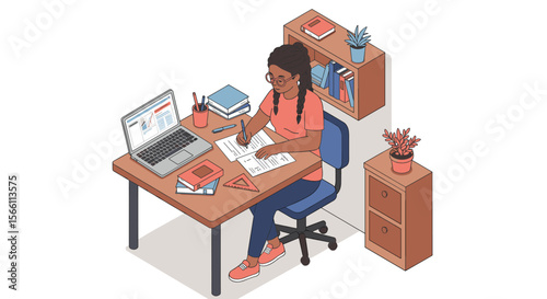 Student studying at home vector illustration for educational design in isometric style