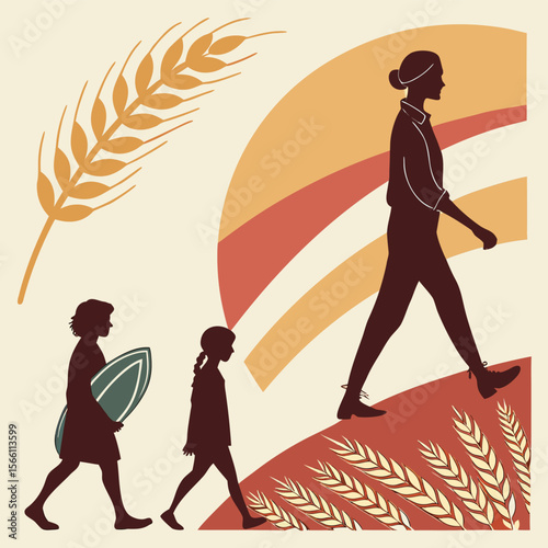 Silhouetted figures walking with wheat and a stylized sun in a neutral color palette illustration