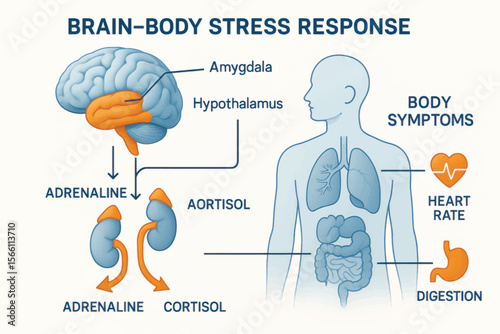 Vector medical diagram showing brain-body stress response involving amygdala, hypothalamus, adrenal glands, adrenaline, and physical effects.